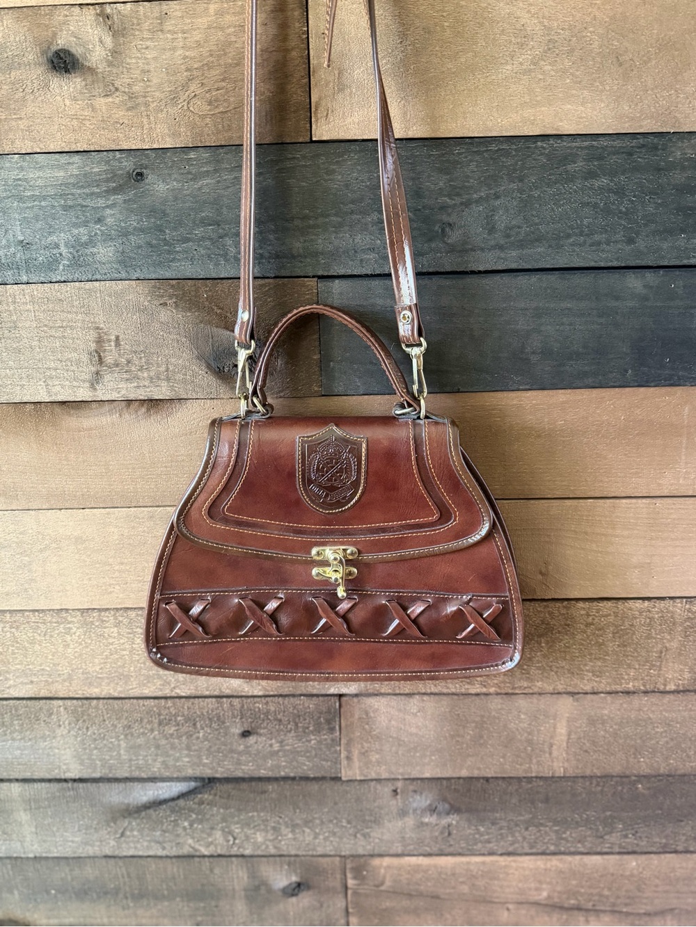 Vintage 70s Brown Top Handle Crossbody Satchel Bag Made In Korea - Picture 2 of 10
